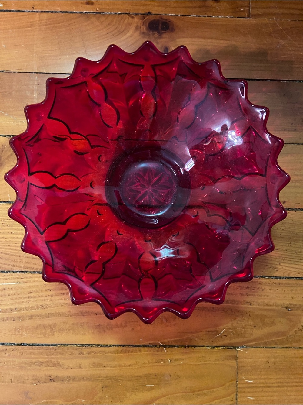 Vintage Fostoria Ruby Red Glass serving Bowl Holly Centerpiece Christmas Holiday